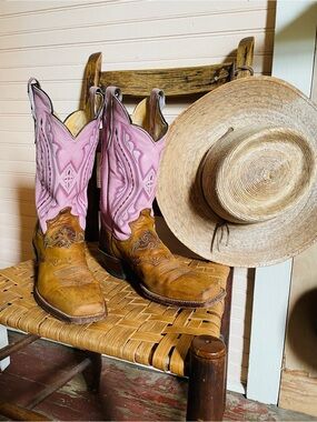 Brown and Pink Leather Western Boots